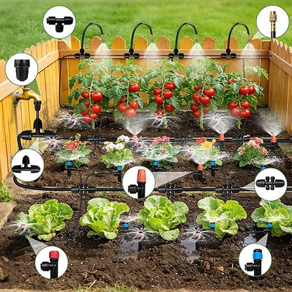 250FT Drip Irrigation System for Garden with 38pcs Adjustable Copper Nozzles & Emitters, Automatic Garden Watering System with 1/2" & 1/4" Tubing for Raised Bed, Yard, Greenhouse, Potted Plants, Lawn