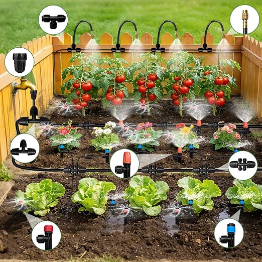 260FT Drip Irrigation System for Garden with 38pcs Adjustable Copper Nozzles & Emitters, Automatic Garden Watering System with 1/2" & 1/4" Tubing for Raised Bed, Yard, Greenhouse, Potted Plants, Lawn