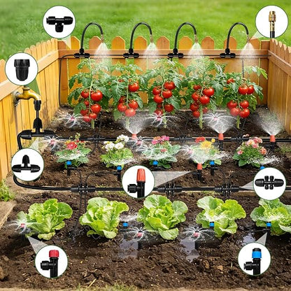 260FT Drip Irrigation System for Garden with 38pcs Adjustable Copper Nozzles & Emitters, Automatic Garden Watering System with 1/2" & 1/4" Tubing for Raised Bed, Yard, Greenhouse, Potted Plants, Lawn