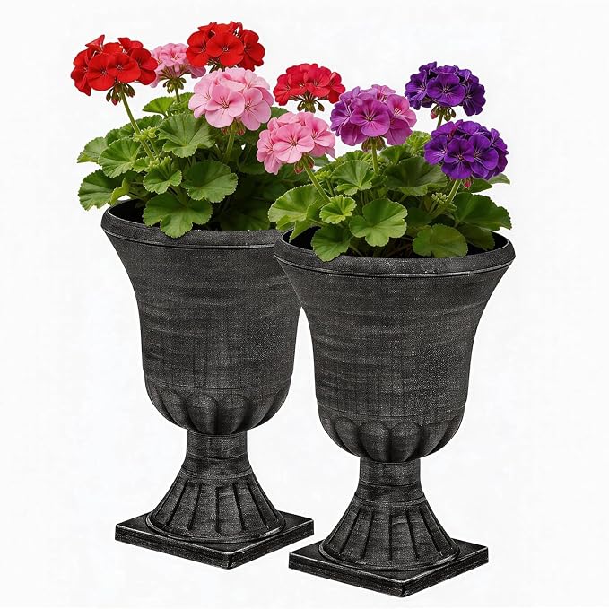 Autodaya 22" Tall Urn Planters for Outdoor Plants Set of 2 Large Flower Pot | 3D Textured Washed Black Pedestal Outdoor Planters, Weather-Resistant Plastic Plant Pot for Porch, Patio, Garden & Indoor Use