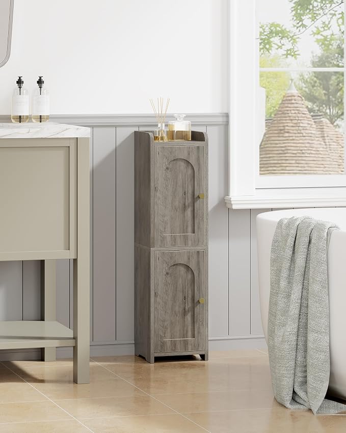 Hzuaneri Bathroom Storage Cabinet, Small Corner Floor Cabinet with 2 Doors and Adjustable Shelf, Narrow Toilet Paper Cabinets, Bathroom Organizer for Small Spaces, 7.9" D x 7.9" W x 29.5" H Greige