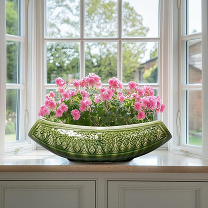Bonsai Planter 18 Inch - Large Ceramic Succulent Pots with Drainage Hole, Bonsai Pots for Indoor Outdoor Plant, Ceramic Flower Pot, Decorative Plant Pot, Garden Decor, Housewarming Gift, Green