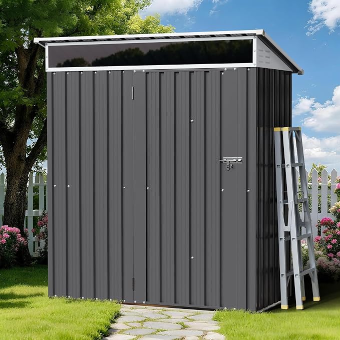 Shintenchi 5x3 FT Outdoor Storage Shed with Window, Outdoor Waterproof Storage Shed Metal Garden Shed with Lockable Single Door,Weather Resistant Tool Storage House Shed for Garden,Backyard,Steel Gray