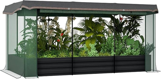 Outsunny 7.3 x 3.4 x 1 ft Galvanized Raised Garden Bed with Crop Cage Plant Protection Net and Shade Cloth Roof, Metal Planter Box with Cover for Vegetables, Flowers, Herbs, Dark Gray