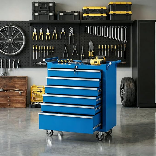 IDEALHOUSE Rolling Tool Chest, 6 Drawers Tool Storage Cabinet, Toolbox with Wheels, Portable Tool Cabinet Organizer with Locking System & Drawer Liners, Tool Storage Cart for Garage, Workshop, Blue