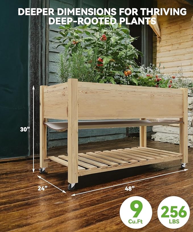 KYBOLT Raised Garden Bed with Legs and Wheels, Wooden Raised Planter Box with Storage Shelf, Protective Liner, Mobile Elevated Wood Planter for Backyard, Patio, Balcony Natural, 48"×24"×30"