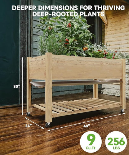 KYBOLT Raised Garden Bed with Legs and Wheels, Wooden Raised Planter Box with Storage Shelf, Protective Liner, Mobile Elevated Wood Planter for Backyard, Patio, Balcony Natural, 48"×24"×30"