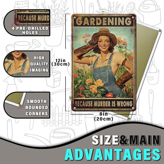 PEACHGARDEN Vintage Garden Sign Gardening Because Murder Is Wrong Retro Rustic Metal Tin Sign Funny Gardening Gift for Women Outdoor Wall Decor for Garden Lovers 8x12inch