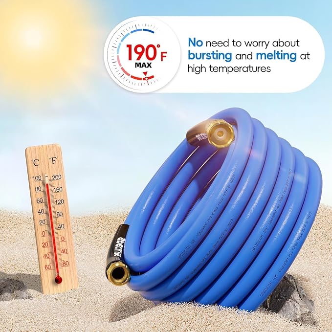 SPECILITE Hot/Cold Garden Water Hose 125 ftx 5/8 in, -50℉ To 190℉, Heavy Duty, Flexible, Burst 605 Psi, Lightweigh, Upgraded Rubber Pipe with 3/4" Brass Fittings For Backyard, Outdoor, Farm, Blue
