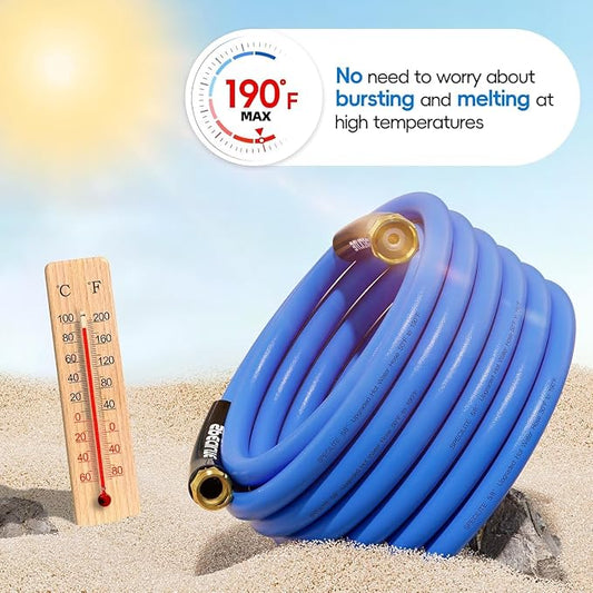 SPECILITE Hot/Cold Garden Water Hose 125 ftx 5/8 in, -50℉ To 190℉, Heavy Duty, Flexible, Burst 605 Psi, Lightweigh, Upgraded Rubber Pipe with 3/4" Brass Fittings For Backyard, Outdoor, Farm, Blue