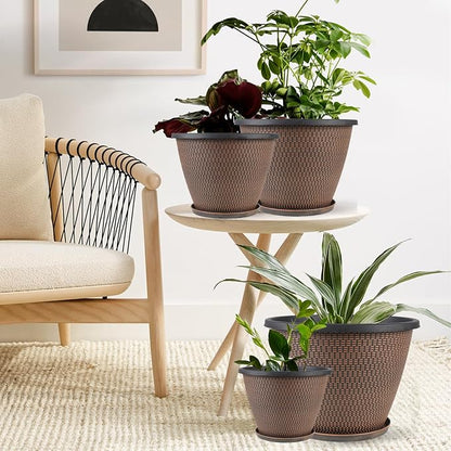 4 Pack 10 inch Plant Pot for Outdoor Indoor, Plastic Flower Pots with Drainage Holes & Saucers, Lightweight Large Outdoor Planter Pot, Imitation Knit Pots for Garden House Planters (Black Copper)