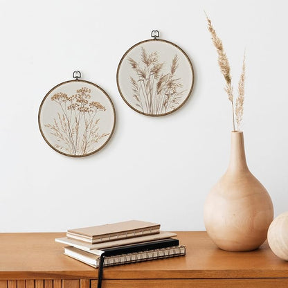 TLESKE Beige Rustic Fall Botanical Round Wall Art Decor Set of 2, Boho Wildflower Floral Framed Canvas Prints Wall Art Artwork, Neutral Vintage Farmhouse Hanging Decor for Bedroom Living Room 10x10