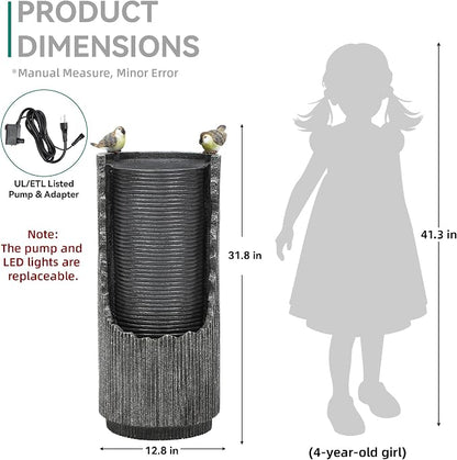 Autodaya Outdoor Water Fountain 32" Distressed Fluted Column with Lights | polyresin concrete-inspired water feature with bird sculpture, gentle cascading flow for garden, patio, deck or yard oasis