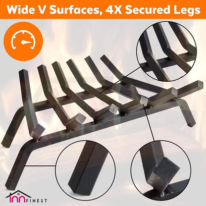 Fireplace Log Grate 23 inch 6 Bar Fire Grates Heavy Duty 3/4” Wide Solid Steel Indoor Chimney Hearth Outdoor Fire Place Kindling Tool Pit Wrought Iron Wood Stove Firewood Burning Rack Holder