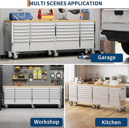 Heavy Duty 61" Tool Chest Cabinet, Mobile Garage Workbench with 24Drawers and Power Strip, Rubber Wood Worktop, 1675 LBS Load, Rolling Tool Storage Organizer for Mechanic, Shop or Home Use