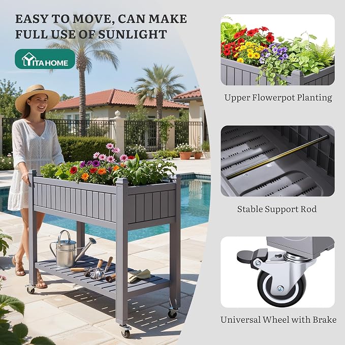 YITAHOME 43.3x17.7x34 in Elevated Garden Bed, Outdoor Plastic Planter Box with Wheels, Legs, Drain Plug, and Storage Shelf for Plants, Vegetables, Flowers, Herbs, Light Brown