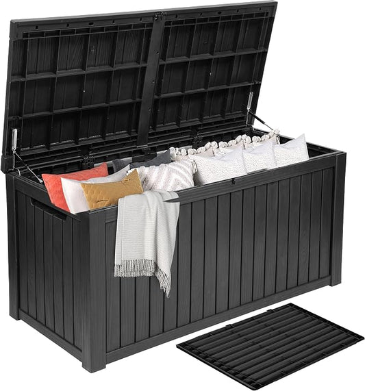 DWVO 220 Gallon Extra-Large Patio Deck Box, Waterproof Resin Outdoor Storage Box with Removable Divider for Patio, Garden, Pool, Furniture and Tools, Black