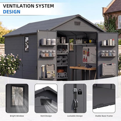 Greesum 6x10FT Plastic Storage Shed with Floor, Resin Outdoor Storaged Sheds with Lockable Double Door, Window and Vents, All-Weather Tool Sheds for Patio, Garden, Backyard, Dark Gray
