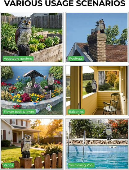 Garden Fake Owl Sculpture with 360° Rotating Head, Waterproof Moving Garden Owl, Outdoor Statue for Yard Patio Balcony Roof Barn Driveway