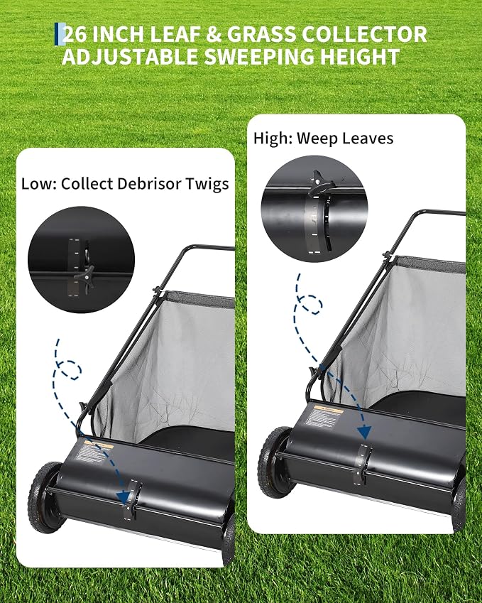 GarveeLife 26 Inch Push Lawn Sweeper with 4 Spinning Brushes, 7 Cu.ft Large Capacity Leaf Collector, Adjustable Height Grass Sweeper, All Terrain Lawn Leaf Debris Removal Tool for Yard Garden Patio