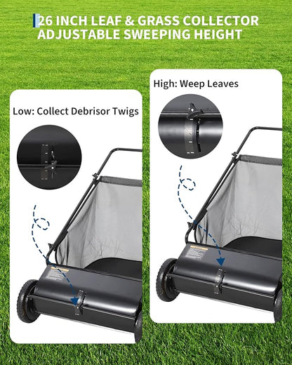 GarveeLife 26 Inch Push Lawn Sweeper with 4 Spinning Brushes, 7 Cu.ft Large Capacity Leaf Collector, Adjustable Height Grass Sweeper, All Terrain Lawn Leaf Debris Removal Tool for Yard Garden Patio