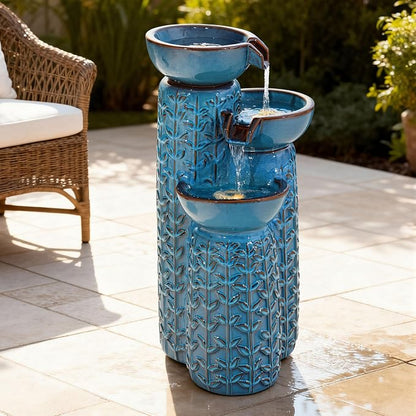 28" H Ceramic Outdoor Water Fountain with LED Lights, 3-Tier Cascading Bowls Water Feature, Tranquil Waterfall for Relaxing Garden, Patio, Yard, or Porch, Turquoise, Embossed Leaf Patterns
