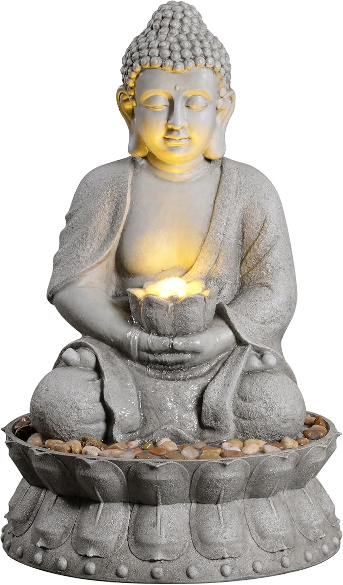 Buddha Water Fountain Outdoor, Zen Fountain with LED Light for Garden, Home Decor, Relaxing Buddha Statue with Lotus Base, for Women