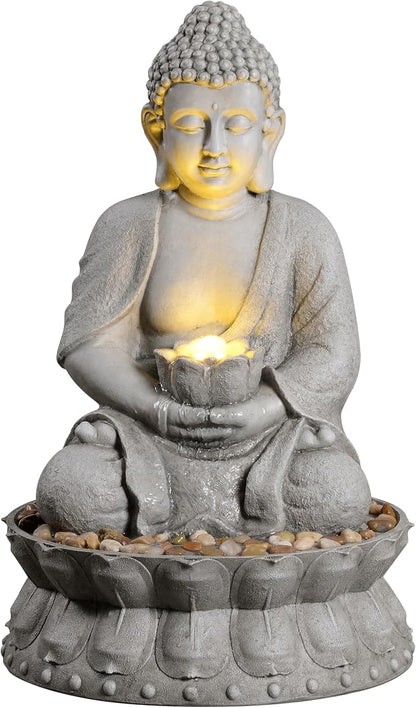 Buddha Water Fountain Outdoor, Zen Fountain with LED Light for Garden, Home Decor, Relaxing Buddha Statue with Lotus Base, for Women