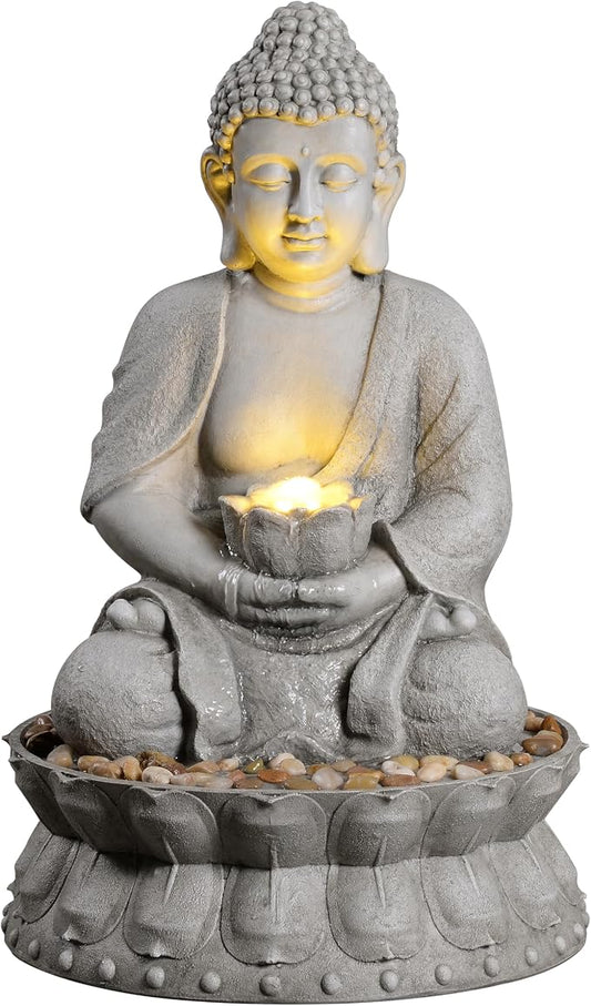 Buddha Water Fountain Outdoor, Zen Fountain with LED Light for Garden, Home Decor, Relaxing Buddha Statue with Lotus Base, for Women