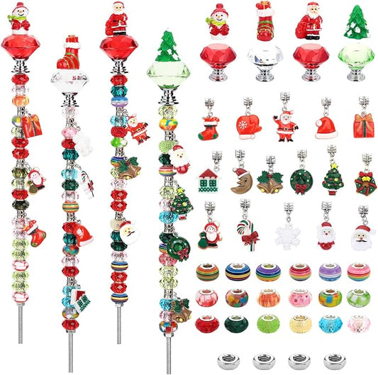 110 Pcs Beaded Garden Stake, DIY Fairy Wand Beaded Decorative Garden Stake Kit with 12IN Threaded Rod Crystal Stopper Top Large Holes Beads Christmas Decoration Pendants Outdoor Fairy Garden kit