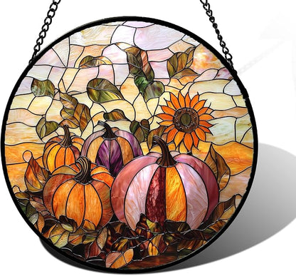 DASTOLL Stained Glass Window Hanging, Pumpkin Sunflower Suncatcher Diamond Glass Panel Sun Catchers Decor for Birthday for Women, Men, Wife, Aunt, and Mom 9.8 in