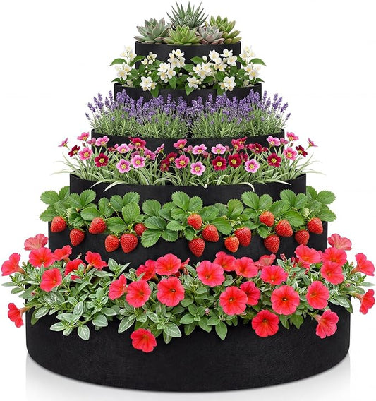 6 Tiered Strawberry Planter for Outdoor Plants, 47 Inch Heavy Duty Strawberry Tower Planter Grow Bags, Breathable Non Woven Fabric Raised Garden Bed for Vegetables Flower Herbs Gardening