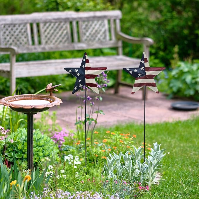 Metal Barn Stars Garden Stake Set of 6, American Flag Yard Sign USA Lawn Decoration Indoor Outdoor Patriotic Decor for July 4th Independence Day Memorial Day Party