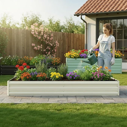 WORKPRO 2PK 7.5x4x1ft Outdoor Galvanized Raised Garden Bed, Rust-Resistant Planter Raised Beds for Vegetable, Flowers, Herbs, White