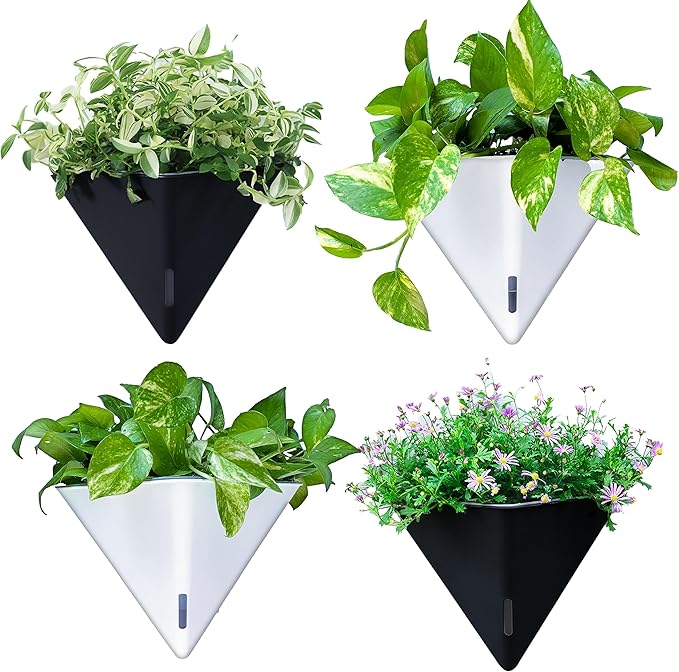 LaLaGreen Wall Planters for Indoor Plants (12in, 4 Pack) Self Watering Pots | Large Black and White Mixed Color Geometric Indoor Vertical Garden Wall Hanging Flower Vase Vessel with Metal Hanger Stylish