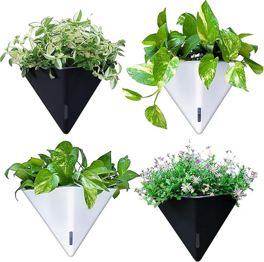 LaLaGreen Wall Planters for Indoor Plants (12in, 4 Pack) Self Watering Pots | Large Black and White Mixed Color Geometric Indoor Vertical Garden Wall Hanging Flower Vase Vessel with Metal Hanger Stylish
