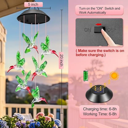 Gifts for Grandma Mom Nana Wife Sister, Mother Birthday Christmas Gardening Hummingbird Gifts for Women, Winzwon Wind Chimes Solar Lights Outdoor Decor for Garden Patio Yard Porch
