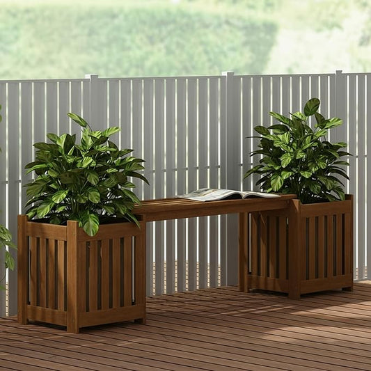 Furinno TIOMAN Planter Box with Bench, Hardwood Flower Box with Seat, Cube Garden Box, in Teak Oil, Outdoor Indoor, Garden, Patio, Balcony, Light Wood