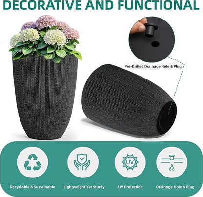2-Pack 19" Black Resin Tall Round Planters with Fluted Texture | Set of 2 resin tall planters with black fluted texture, drainage plugs, and UV-resistant finish for porch or patio