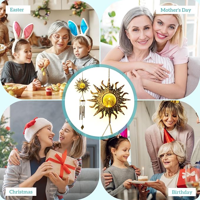 Solar Sun Wind Chimes for Outside Unique Gardening Gifts for Women Mom Grandma Crackle Glass Ball LED Wind Chimes Solar Lights Outdoor Decor Decorative Light for Garden Patio Yard Porch
