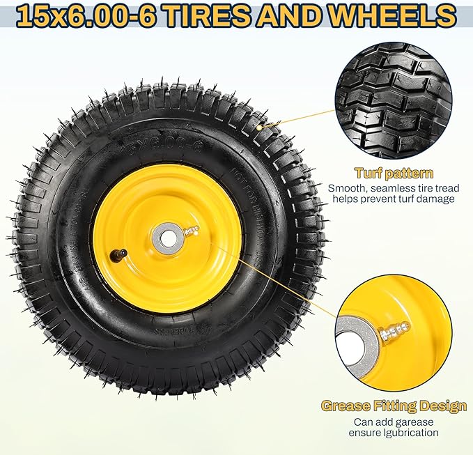 2PCS 15x6.00-6 Tire and Wheel Assembly, Replacement for Craftsman John Deere Cub Cadet Riding Mowers, 4 Ply Tubeless Lawn Mower Tires 15x6x6, 500lbs Capacity, 3" Centered Hub, 3/4" Bushing