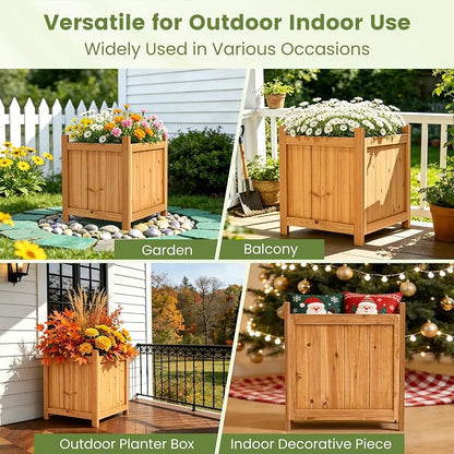 2-Pack 16" Square Fir Wood Planter Boxes with Drainage Holes | Set of 2 fir wood planters with removable bases, liners, and drainage holes for flowers, herbs, porch, patio, or garden