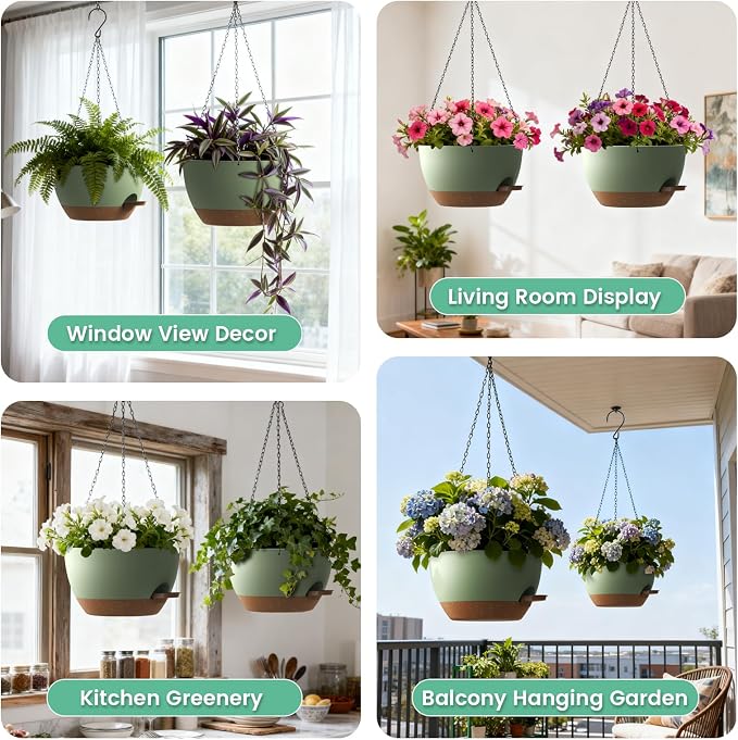 UOUZ 13 Inch 2 Pack Large Self Watering Hanging Planters for Indoor Outdoor Plants, Hanging Plant Pots with Removable 50 Oz Reservoir, Plastic Hanging Basket for Window Porch Garden, Green with Brown