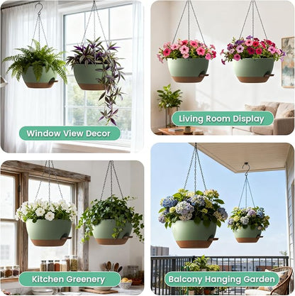 UOUZ 13 Inch 2 Pack Large Self Watering Hanging Planters for Indoor Outdoor Plants, Hanging Plant Pots with Removable 50 Oz Reservoir, Plastic Hanging Basket for Window Porch Garden, Green with Brown