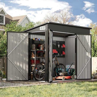 7.5'x4' Outdoor Shed with 3-Lockable Door Black | Heavy-Duty Galvanized Metal Garden Storage for Bikes, Tools, Garden, Patio