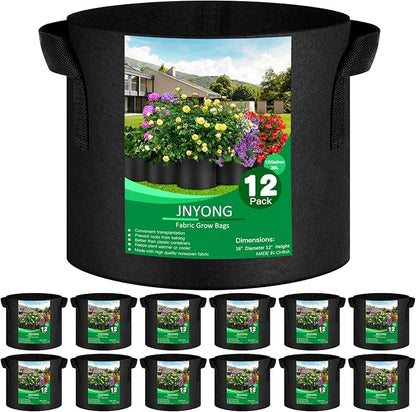 JNYONG 12-Pack 10 Gallon Thickened Non-Woven Grow Bags, Aeration Fabric Pots with Handles