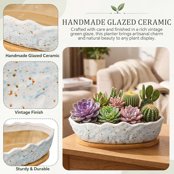 Succulent Planter Pot with Drainage Holes Large Ceramic Glazed Planter with Bamboo Wooden Tray and mesh Pads Shallow Bonsai Pot for Indoor Cactus Flower Plant(Wave-Shaped,Speckle)