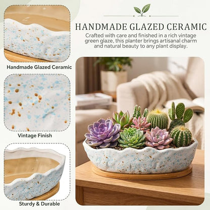 Succulent Planter Pot with Drainage Holes Large Ceramic Glazed Planter with Bamboo Wooden Tray and mesh Pads Shallow Bonsai Pot for Indoor Cactus Flower Plant(Wave-Shaped,Speckle)