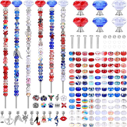 AIPRIDY DIY Crystal Beaded Fairy Wand Garden Stakes Kit, Colorful Decorative Wands with Assembly Guide, 12 or 10 Inch Threaded Rods,Outdoor Garden Decoration Set (174, Red+White+Blue+Diamond Top)