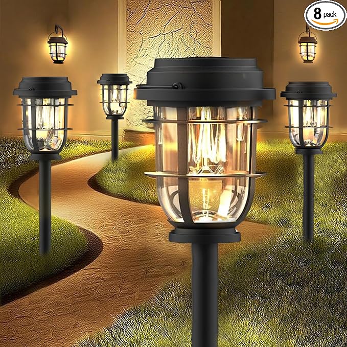 Vuees 8-Pack Solar Pathway Lights, 3-in-1 Design Outdoor Garden Patio Decor | 3000K warm glow, stake, tabletop or hanging setup, no wiring, rain-ready build, walkway, poolside and deck placement